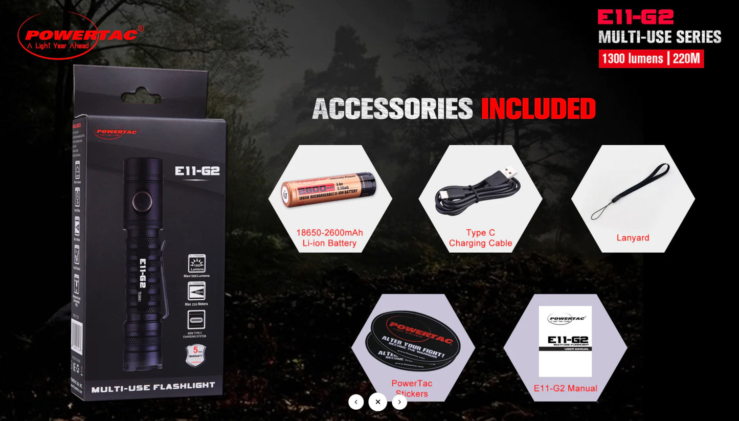 Powertac E11-G2 -1300 Lumen Rechargeable EDC Flashlight